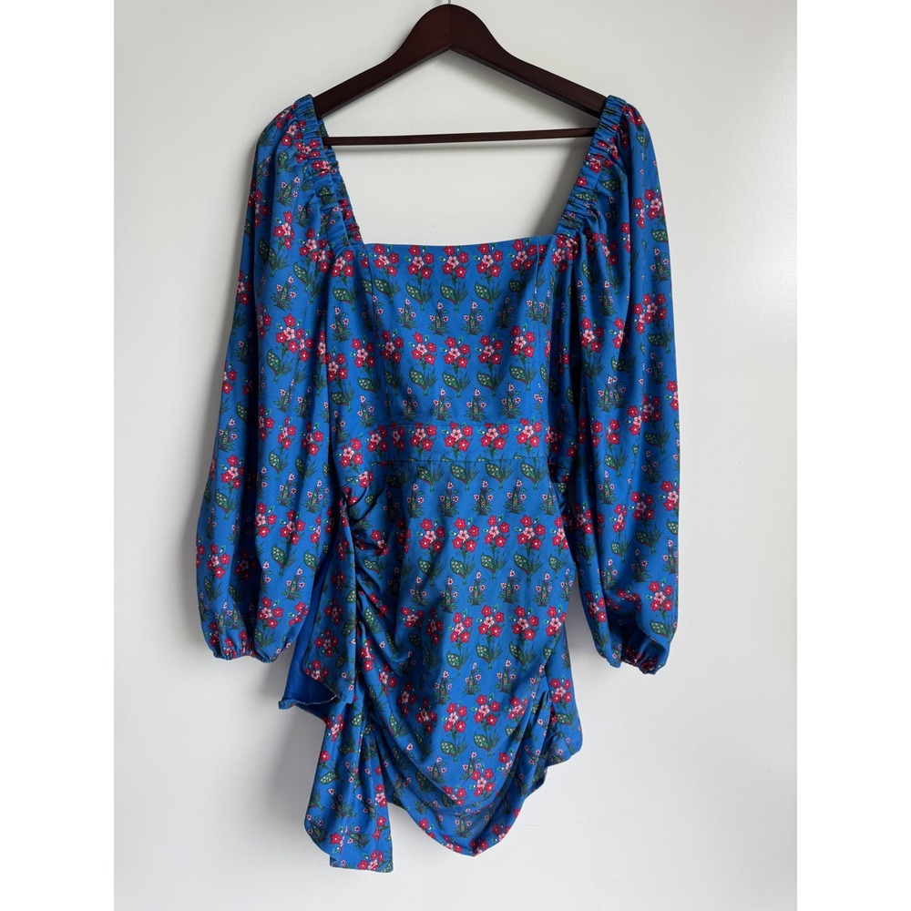 Rhode Mina Side Drape Dress Floral Puff Sleeve Square Neck Boho Romantic
